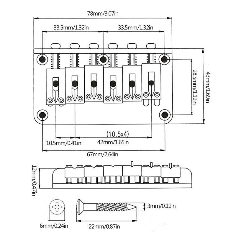 78mm 6 String Bass Guitar Roller Saddle Hardtail Top Load Bridge Tailpiece with L Shaped Wrench and Screws for Guitars