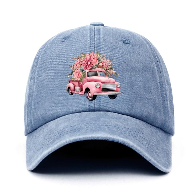 Pink Flower Truck Print Cotton Baseball Cap Vintage Casual Adjustable Unisex Summer Hat