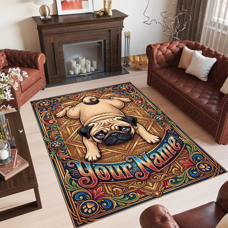 Pug Theme Crystal Velvet Floor Rug Personalized Custom Name Text Warm Carpet Home Decoration