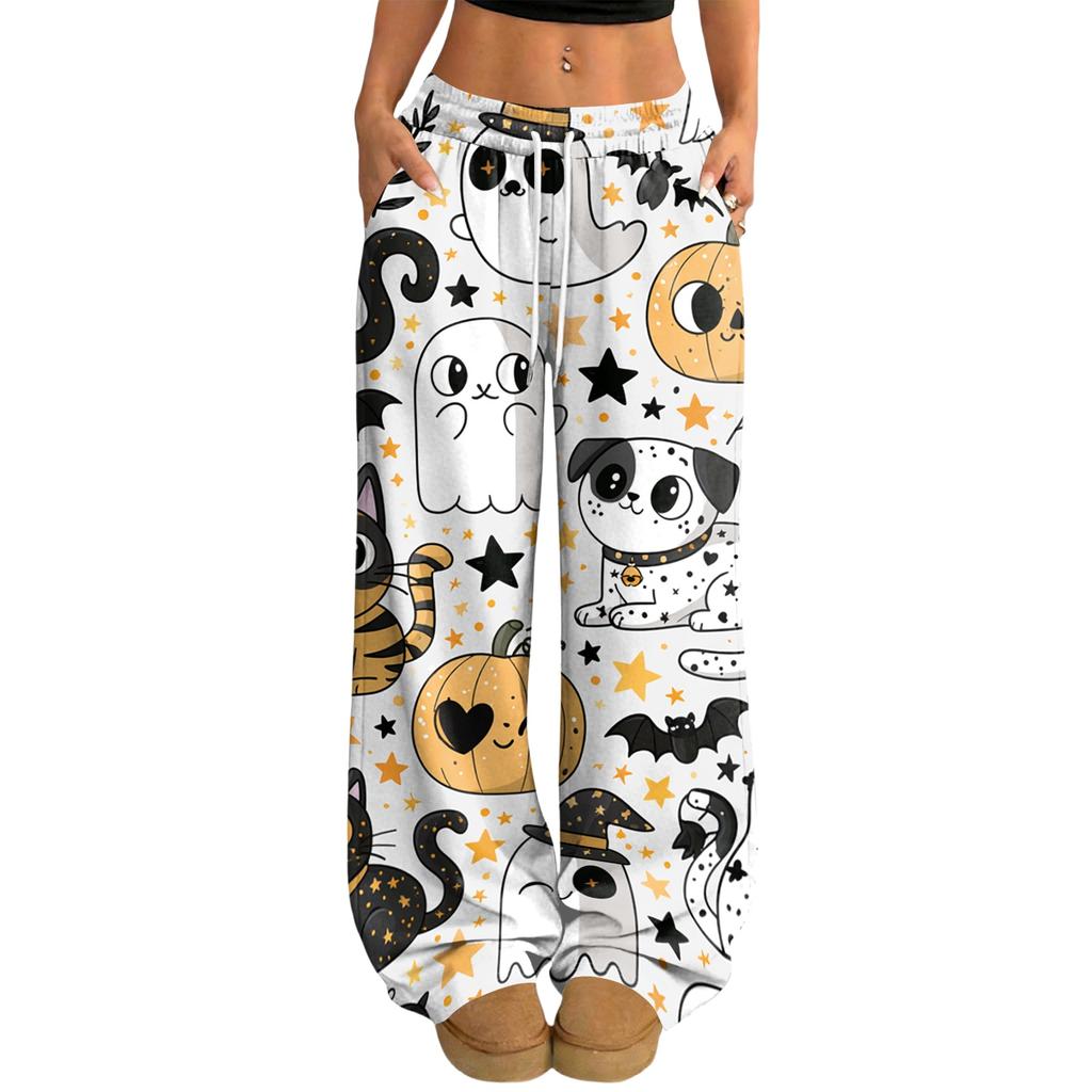Women's Halloween Print Loose Fit Drawstring Waist Wide Leg Pants for Casual Daily Wear