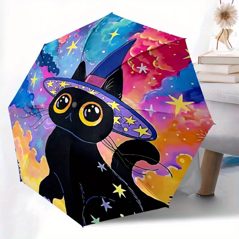 1pc Witch Cat Automatic Open/close Umbrella, 8-Rib sturdy structure, Portable Travel Umbrella, Parties, Everyday Use, Outdoor Accessory, Art