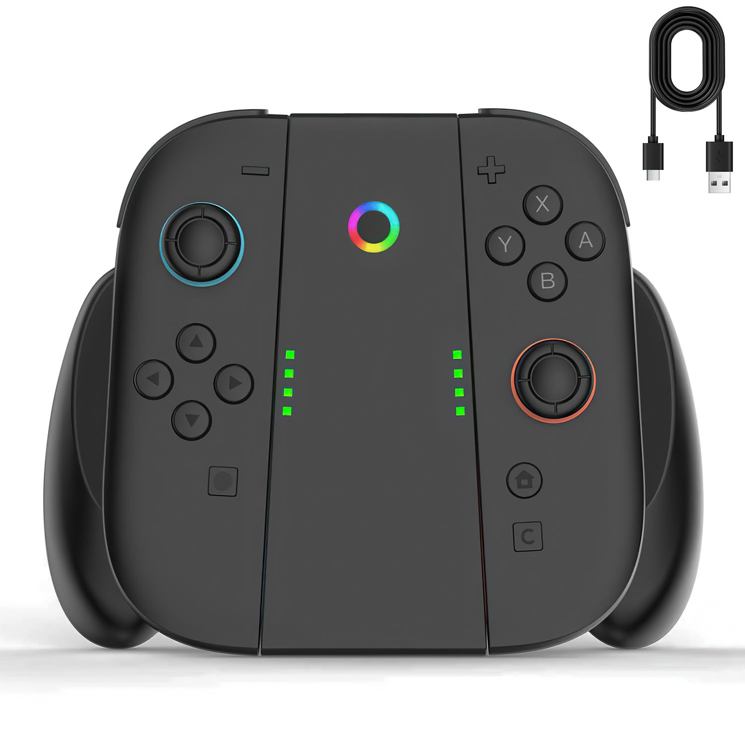 

Switch 2 2 Зарядная рукоятка для Поддерживает одновременную быструю зарядку для двух устройств, пока вы играете. Оснащена RGB-подсветкой и зарядкой через USB, проста в использовании и чёрный