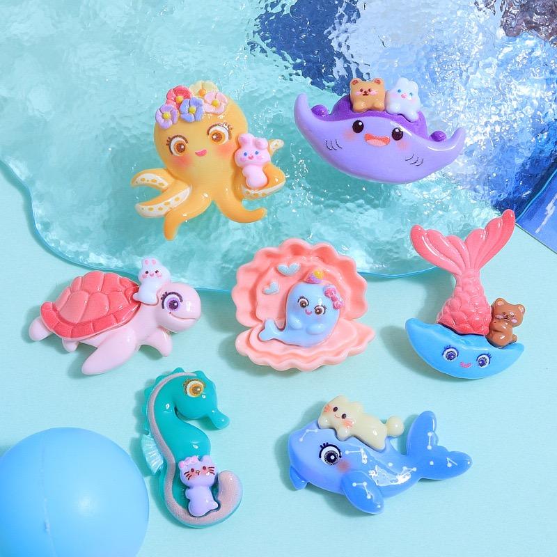10Pcs New Mini Cute Cartoon Shell, Turtle, Octopus, Seahorse, Whale Flat Back Resin Cabochons DIY Jewelry Craft Decoration