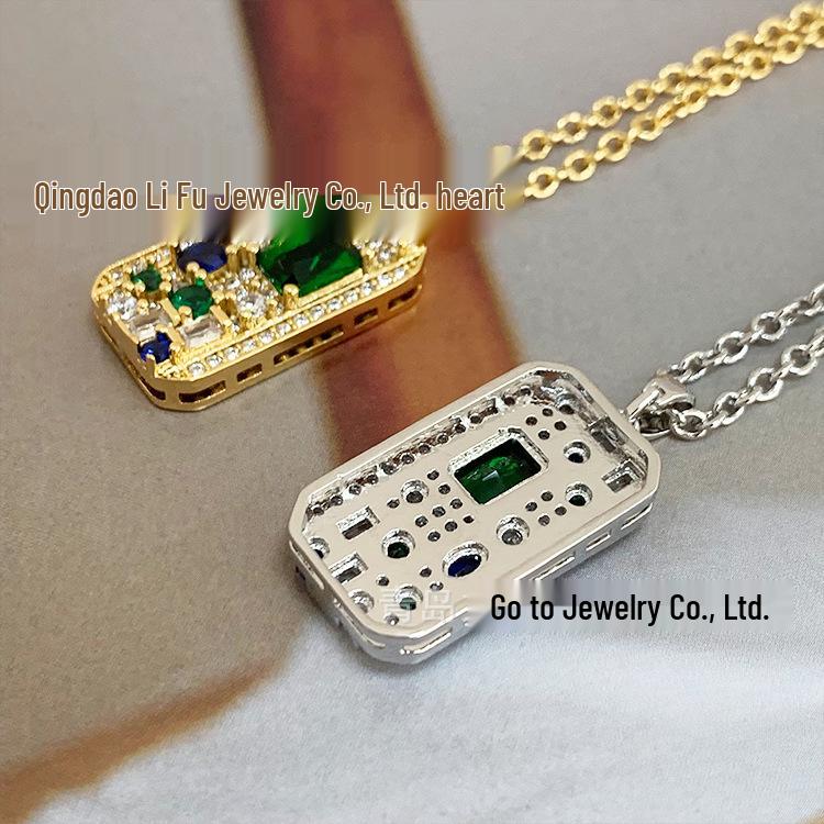 European American Classic Rectangle Dog Tag Necklace with Micro-Inlaid Zircon Colored Diamonds, Copper-Plated In Real Gold, INS Style for Women