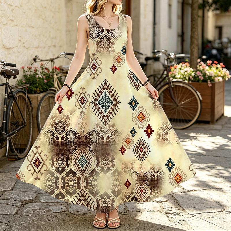 Bohemian Sleeveless Flowy Maxi Dress,Lightweight Loose Fit,Flattering Slimming for Poolside Vacation & Casual Daily Wear