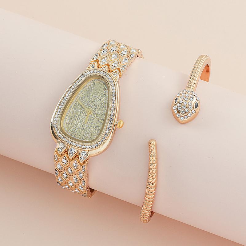 

2 шт./комплект женские кварцевые часы со стразами в виде змеи браслет наручные часы золотой