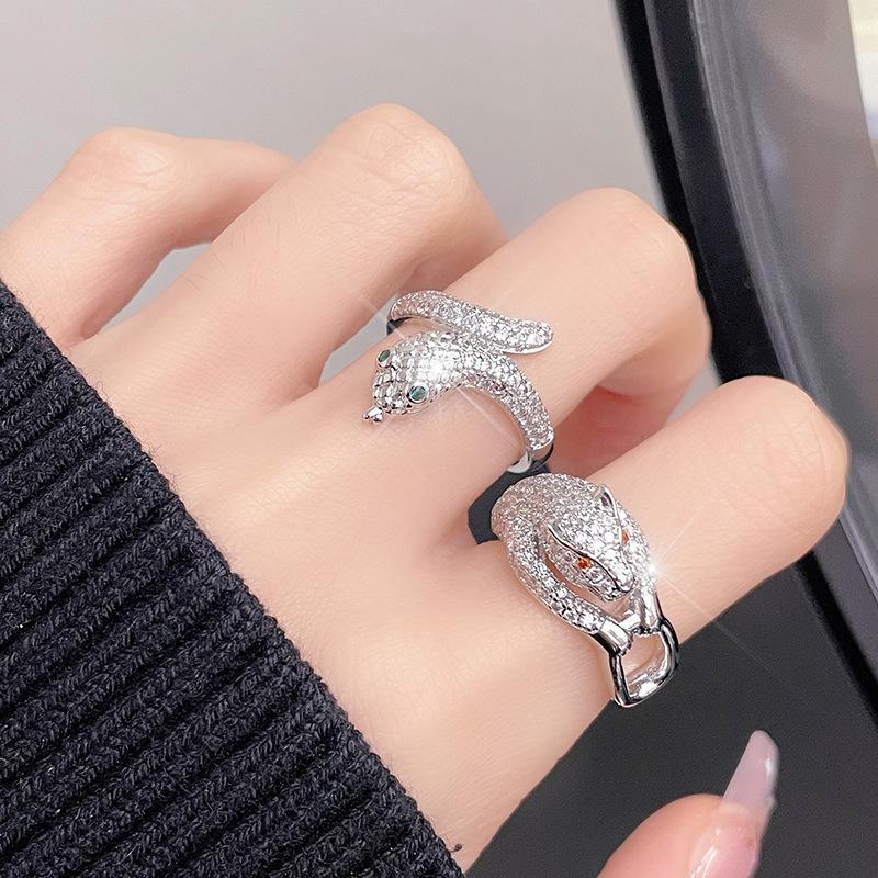 Leopard Head Serpentine Full Of Diamonds Zircon Light Luxury High-End Open Ring Personalized Luxury Niche Design Ring Woman