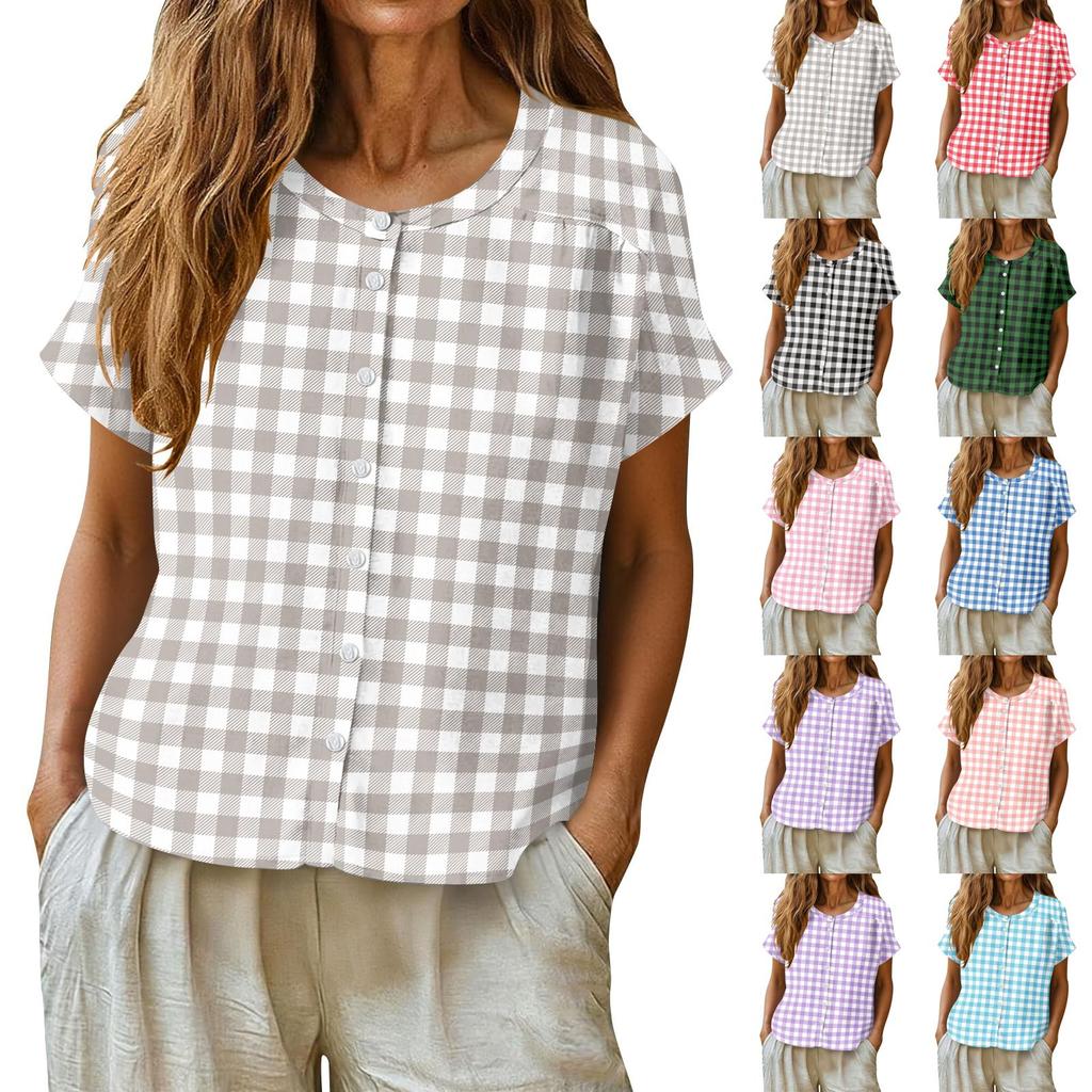 Camicia da Donna alla Moda con Collo Henley, Monopetto a Bottoni, Stampa a Quadri, Manica Corta, Blusa Casual Leggera