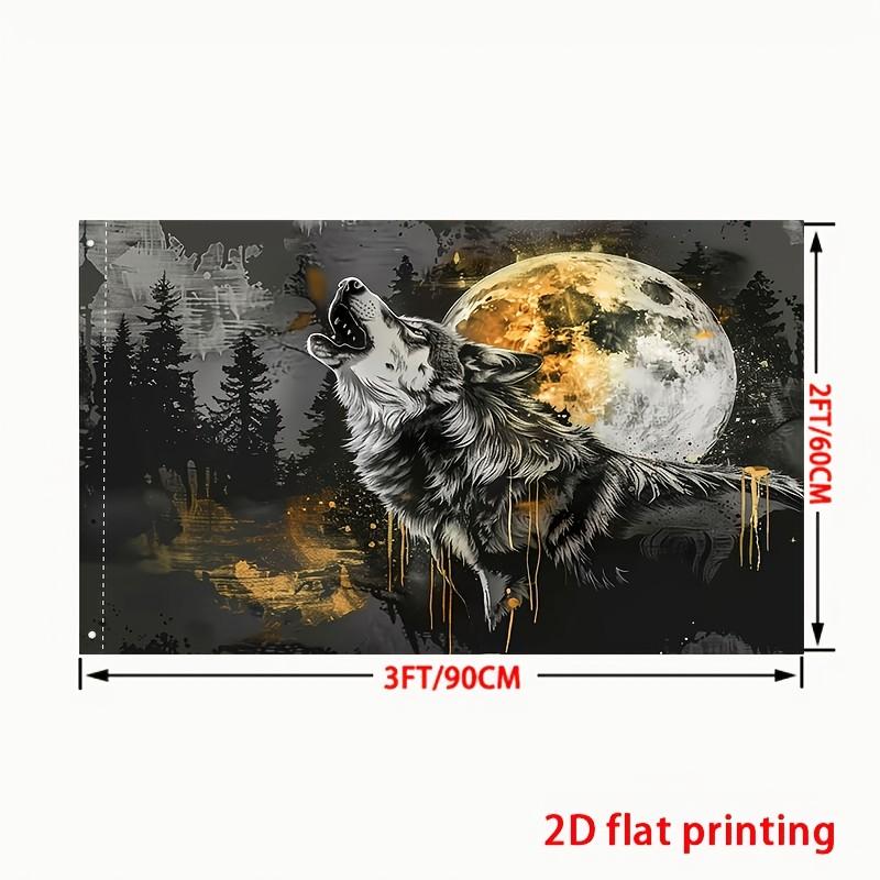 Garden Fiag 2d Flat Printing Elegant Grey Wolf Howling In Silvery And Golden Perfect For Home Or Outdoor Decoration