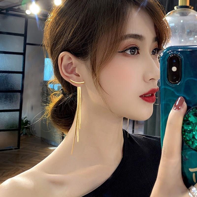 Stainless Steel Gold Color Bar Long Thread Tassel Drop Earrings for Women Glossy Vintage Earrings Fashion