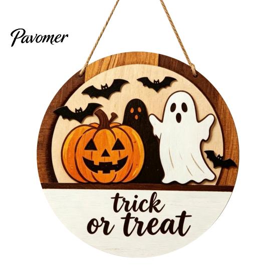 Layered Wood Craft Halloween Round Door Hanger, 3D Pumpkin Ghost Owl Welcome Sign, Solid Plaque Farmhouse Front Wall Hanging Decor for Home