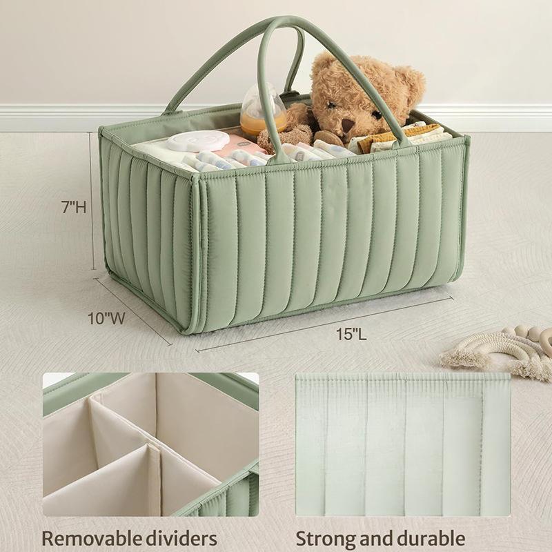 Portable Mom Tote Basket Baby Green Quilted Storage Basket with Handle - Large Capacity Organizer for Baby Toys Diapers Sundries