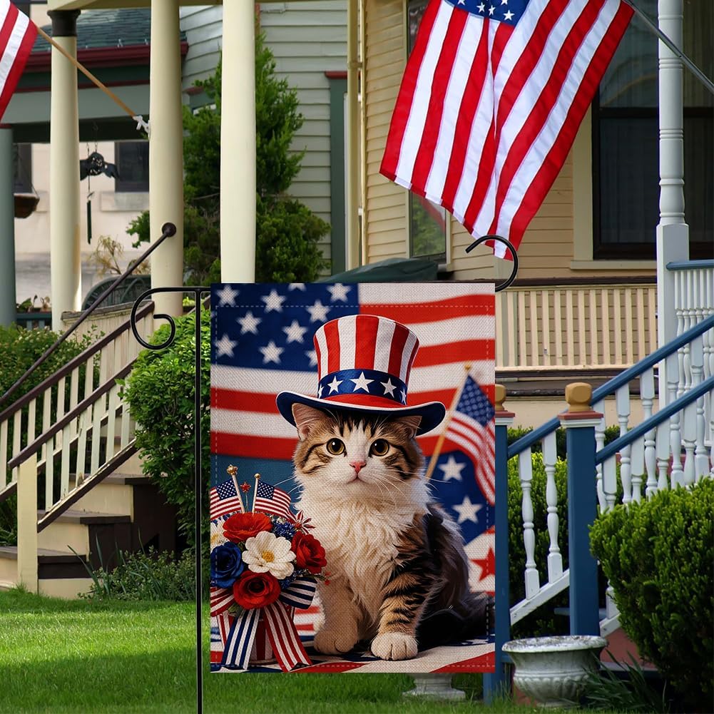 Patriotic 4th of July Cat Garden Flag 12.5x18 Inch Double Sided Outside, Memorial Day Floral Yard Outdoor Flag