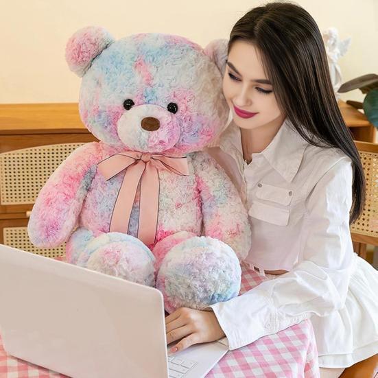 Yousheng Bear Doll Dreamy Gradient Color Giant Size Girl Plush Toy with Bowknot Decor Valentine Day Home Decor