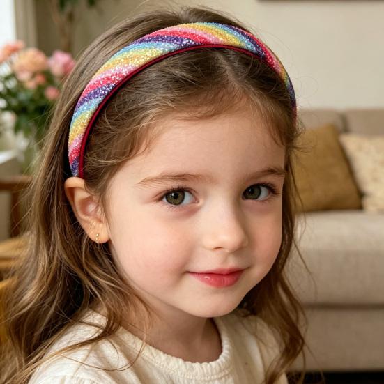 Bandeau pour fille avec peigne à dents lisses et arc anti-glisse Couleur dégradé arc-en-ciel Décoration Cœurs Étoiles Serre-tête