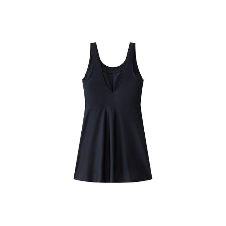 Anta Letter Print Round Neck Sleeveless Swim Dress Women Swimwear Black 1823531426-1