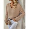 Women V Neck Long Sleeve Knit Sweater With Hollow Out Sleeves Casual Pullover