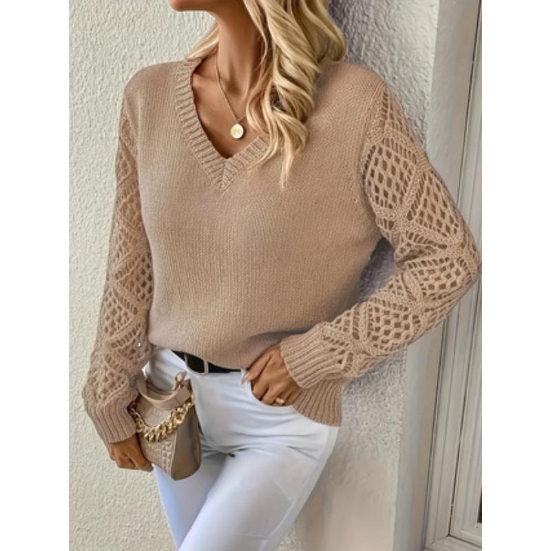 Women V Neck Long Sleeve Knit Sweater With Hollow Out Sleeves Casual Pullover
