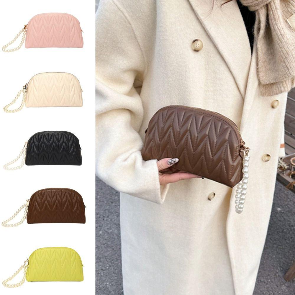 Large Capacity Pearl Chain Makeup Bag PU Leather Makeup Storage Bag Travel Toiletry Bag  Outdoor
