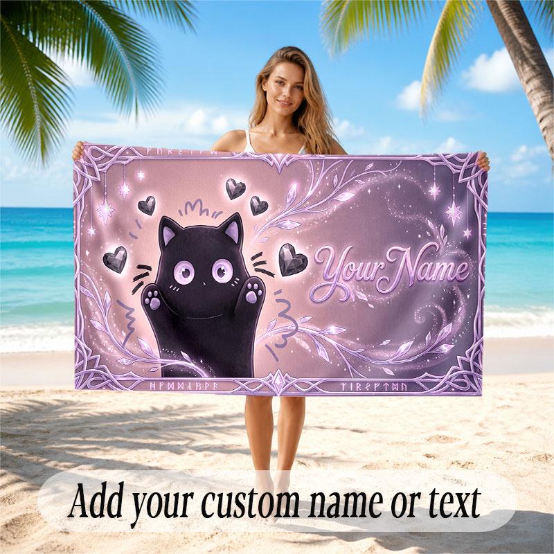 Cat Theme Soft Beach Towel Personalized Custom Name Text Towel Portable for Beach Pool Travel