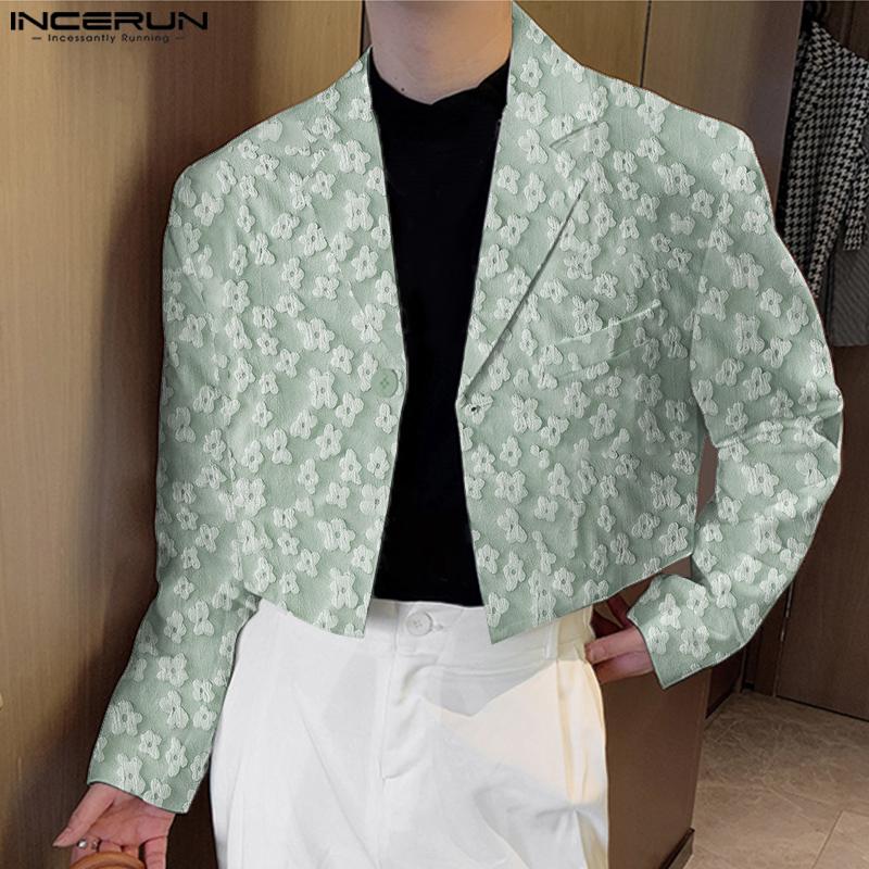 INCERUN Men Lapel Neck Long Sleeve One Button Flowers Texture Cropped Blazer Coats