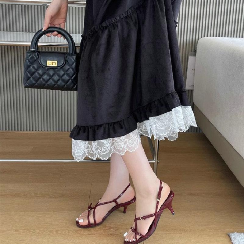 Fashion The 2025 Summer New Minimalist Women'S Round-Toe Cross-Strap Mid-Heel Sandals With Cross-Thin Straps And A One-Button Fairy Styl