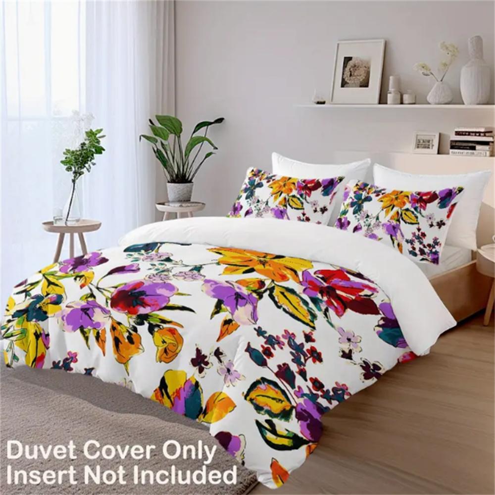 3 Pcs Purple And Orange Flowers Printed Bedding Set Elegant Design Duvet Cover Set Suitable For All Seasons