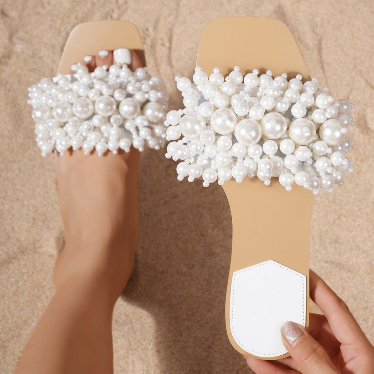 

Модные белые пляжные туфли с квадратным носком и бусинами, женские мягкие нескользящие повседневные шлепанцы, вьетнамки, zapatos de mujer 43 белый