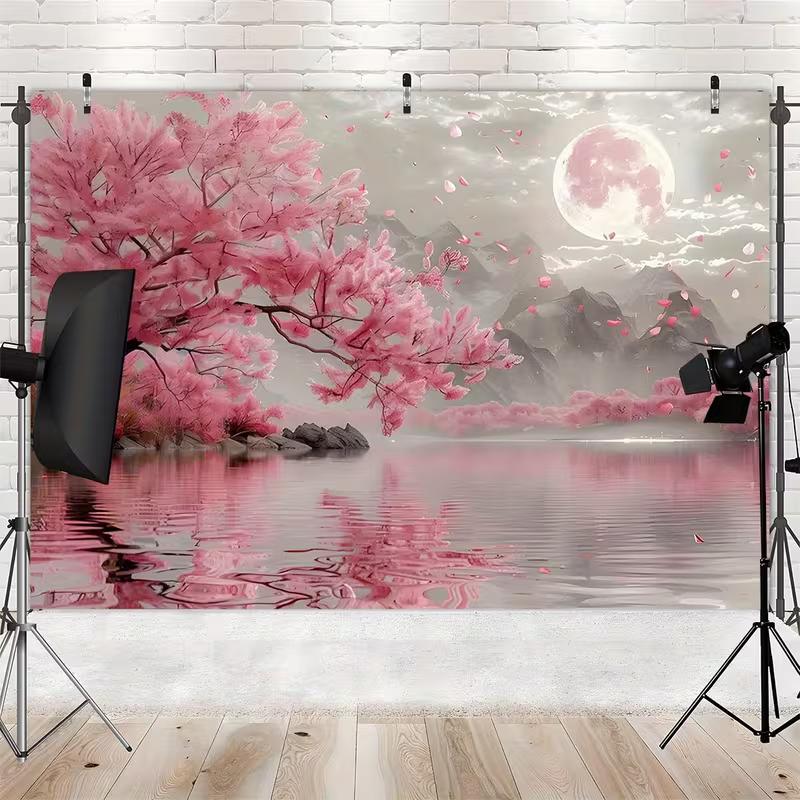 2D Monochrome Grey Tone Pink Sakura and Moon Landscape