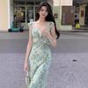 French Floral Sling Dress Children's Summer 2 Beautiful Super Good-looking Seaside Holiday Beach Long Dress