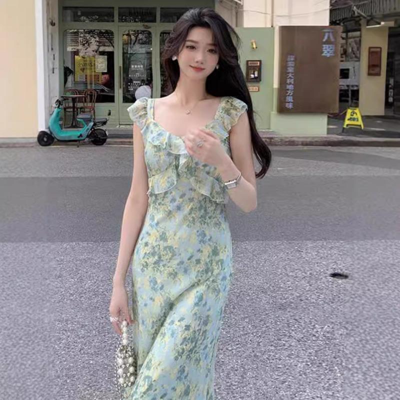 French Floral Sling Dress Children's Summer 2 Beautiful Super Good-looking Seaside Holiday Beach Long Dress