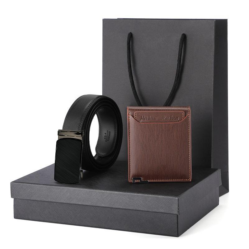 [Zweischichtiges Rindsleder] Herren Business-Geldbörse und Gürtel-Kombinationsset, hochwertiges Geschenkbox, Automatik-Schnallen-Gürtel