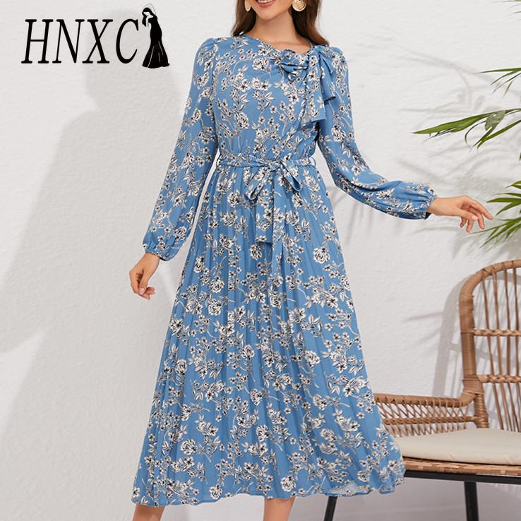 

HNXC Женская мода лето весна цветочный принт с длинным рукавом и круглым вырезом с высокой талией повседневные платья