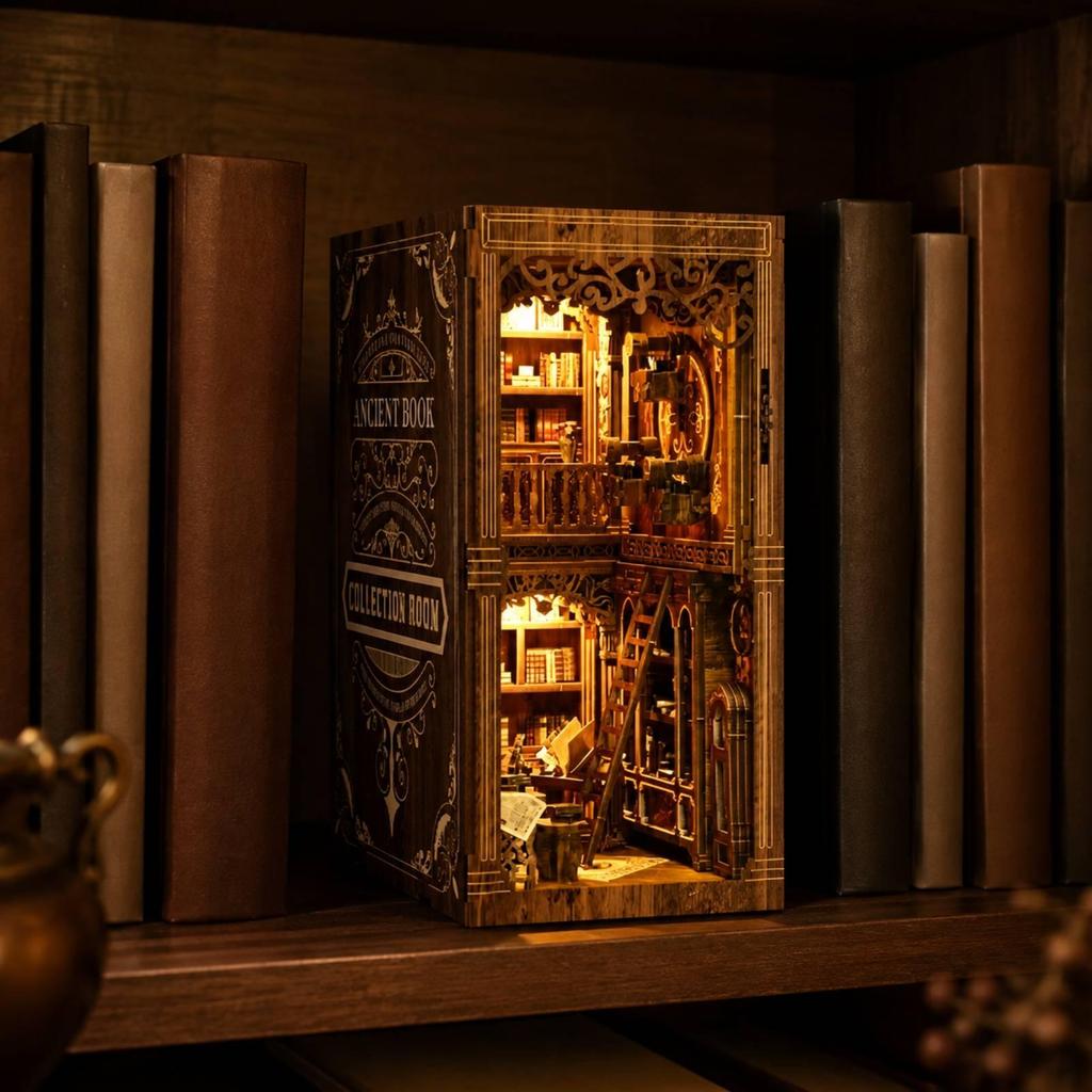 DIY Miniature Literary Shelf Ornament Warm Glow Cut Wooden Bookend Model No