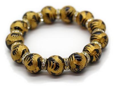 Bracelet de Prière Perles Rondelles Dorées Onyx Dragon Empereur Sculpté Or 16mm avec Pierre de Pouvoir [Seki-Kira] Cinq Griffes [b334]