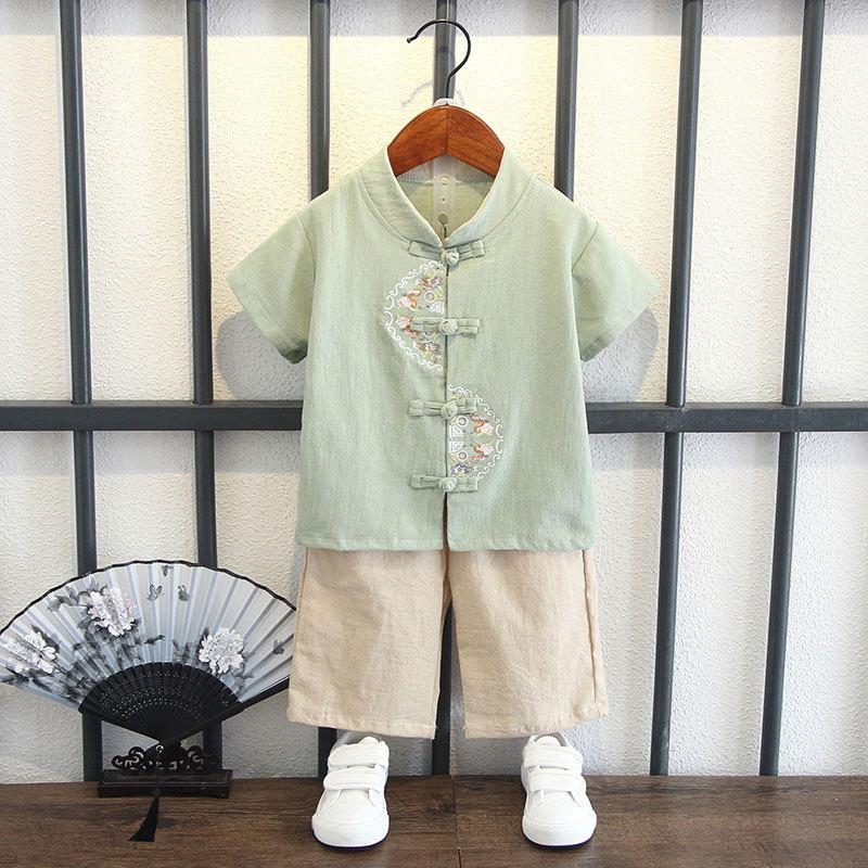 Completo Estivo da Ragazzo a Maniche Corte Stile Cinese per Bambini Hanbok Bello Completo Tang Cotone Lino Sezione Sottile di Abbigliamento Antico