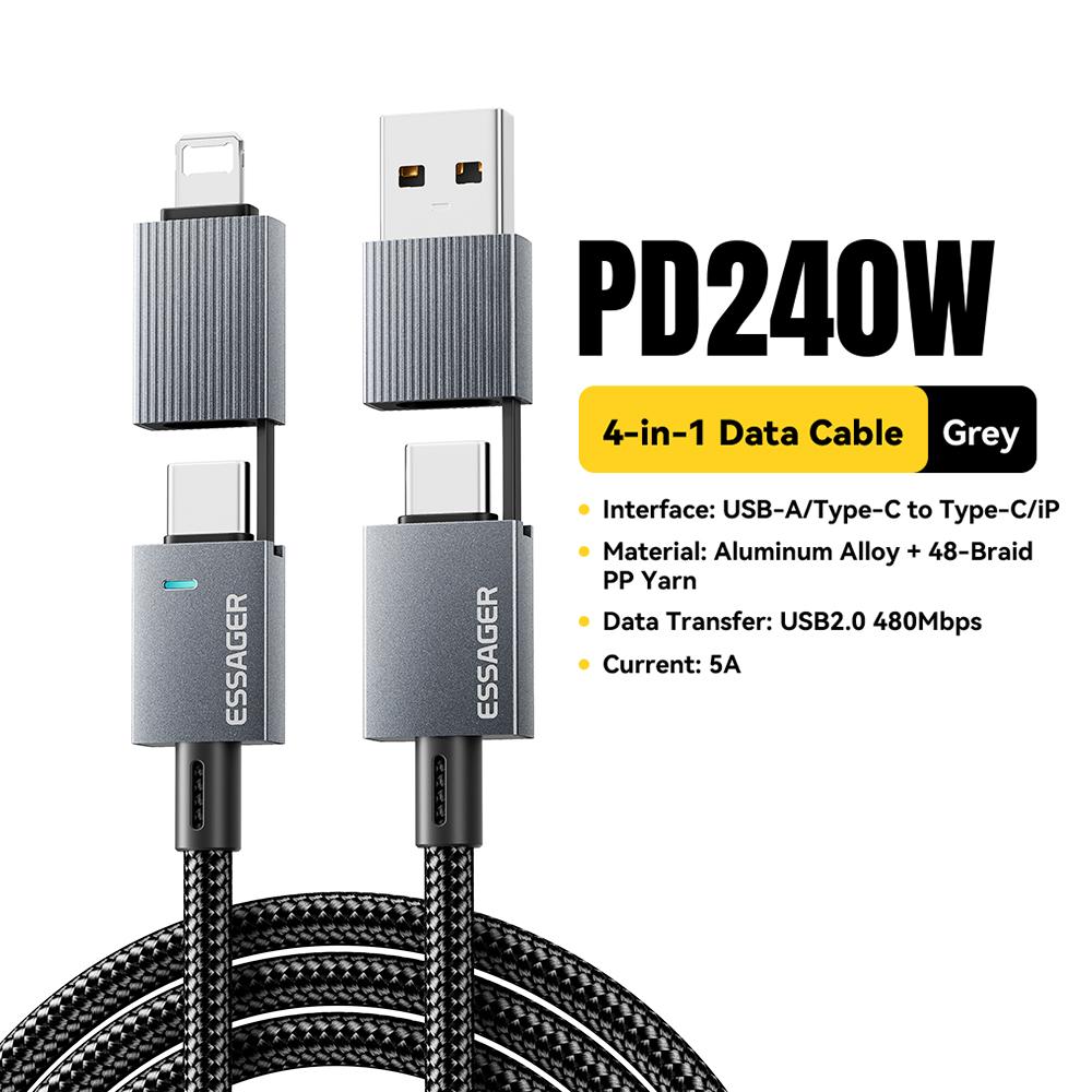 

Essager 240 Вт 4-в-1 USB C Кабель - PD Быстрая Зарядка Дата-кабель, USB-A/C на C/Lightning для MacBook, iPhone 17 16 15 Pro Max, iPad, Xiaomi и Samsung 0.25m серый