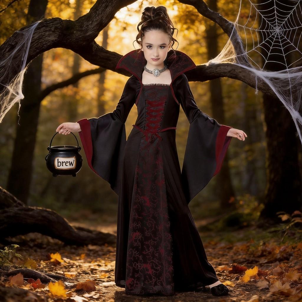 Halloween Witch Costume For Girls With Vintage Dress And Stripe Details For Kids Age 3 To 8