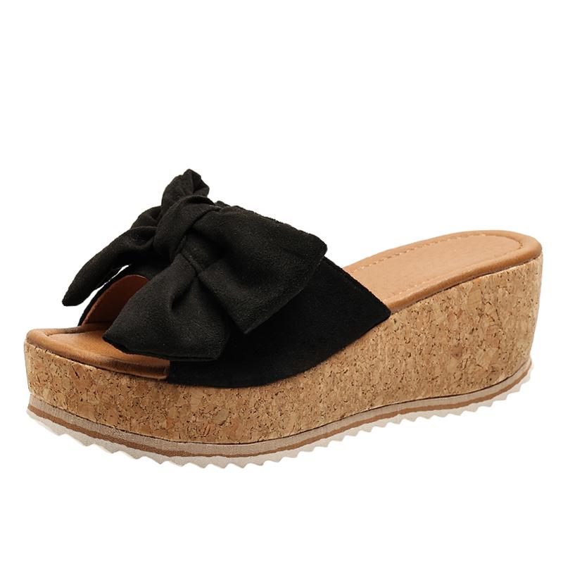 

Fashion Leopard Print Bowknot Chunky Platform Wedge Sandals for Women Summer Thick Sole Slip On Slippers Plus Size Open Toe Footwear 43