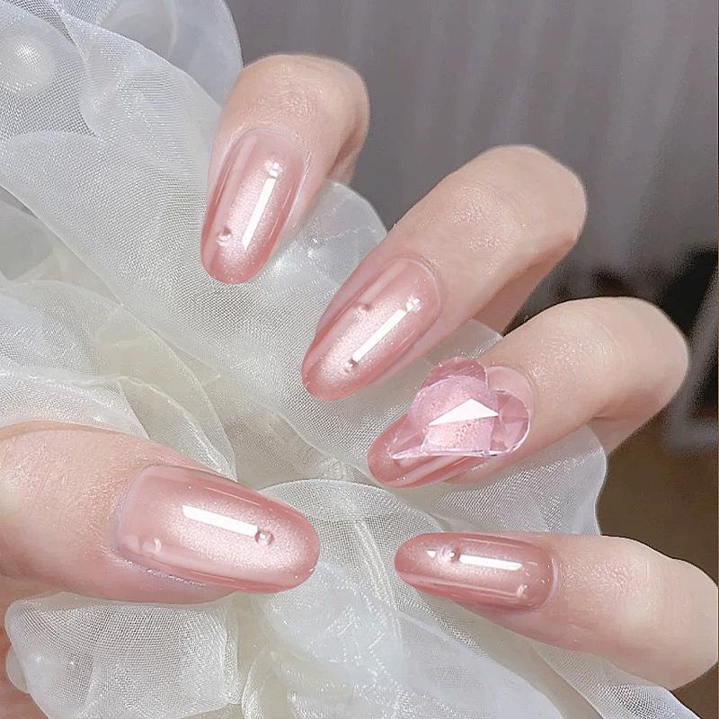Pink Cat Eye Heart Nail Stickers: Wearable False Nails for a Sweet, Charming Manicure
