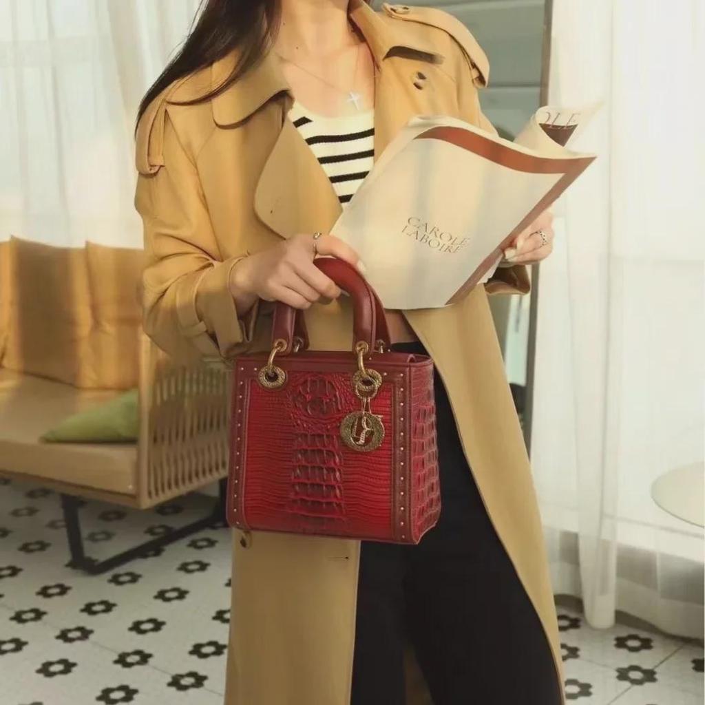 Geantă de mână din piele moale cu model de crocodil roșu pentru femei 2024 - Geantă de nuntă Prințesa Diana