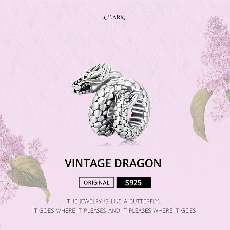 Bisaer Vintage Dragon Charms 925 Sterling Silver Animal Charms Fit For Women Bracelets Silver 925 Original Fine Jewelry