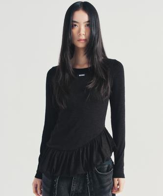 Nigaennikol Ruffle Label Long Sleeve Top_Black
