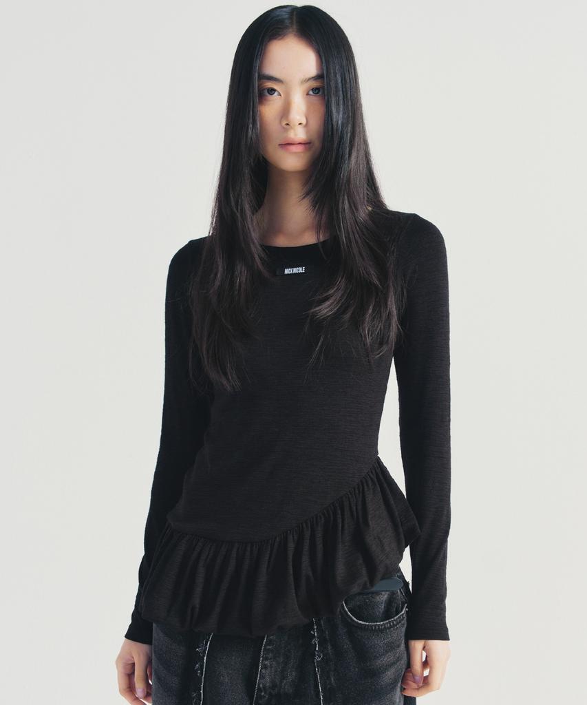 Nigaennikol Ruffle Label Long Sleeve Top_Black