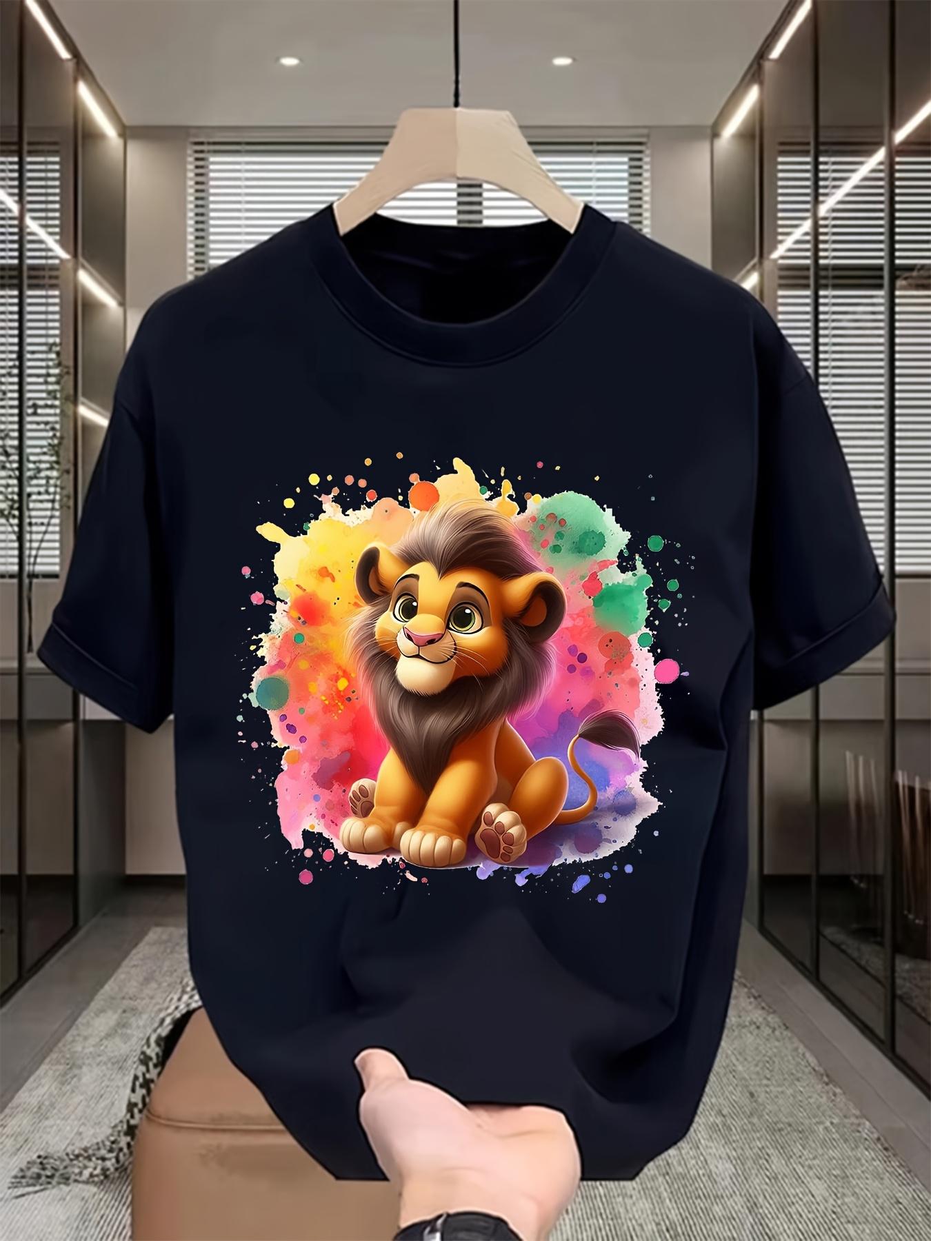 Casual Black T-shirt with Vibrant Lion Graphic - Short Sleeve S