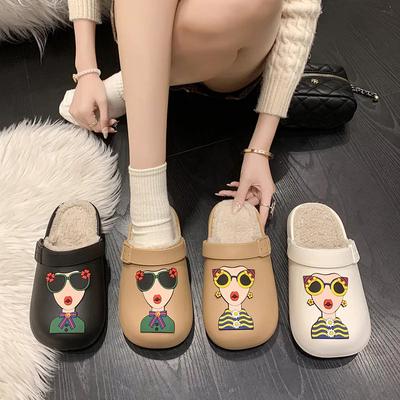 Baotou Half Slippers Women Plush Outer Wear 2024 Autumn and Winter New Flat Bottom Soft Cute Waterproof Anti Slip Bread Slippers
