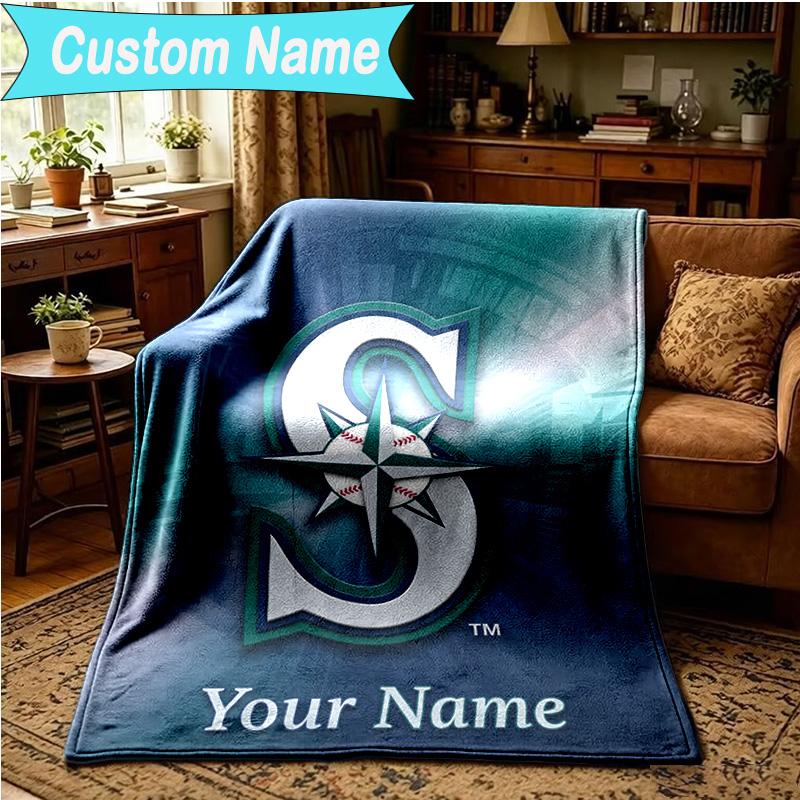 1PC Custom Name Blanket Mariners Team Logo Flannel blankets Patterns Throw Blanket All-Season Soft Gift for Couch, Bed, Camping, Birthday gifts