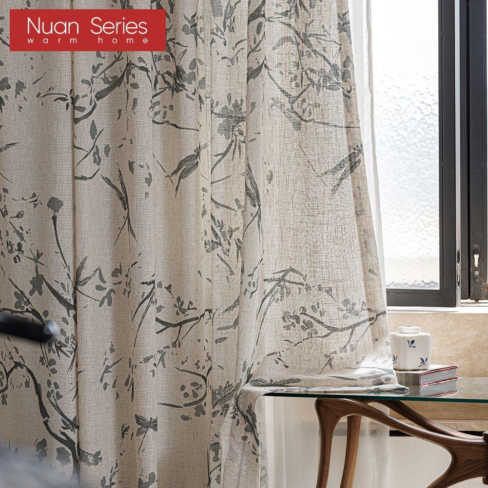 1PC Nuan Series Linen Texture Printed Sheer Curtain New Chinese Ink Bamboo Pattern Tulle for Living Room Bedroom Balcony Window Home Decor