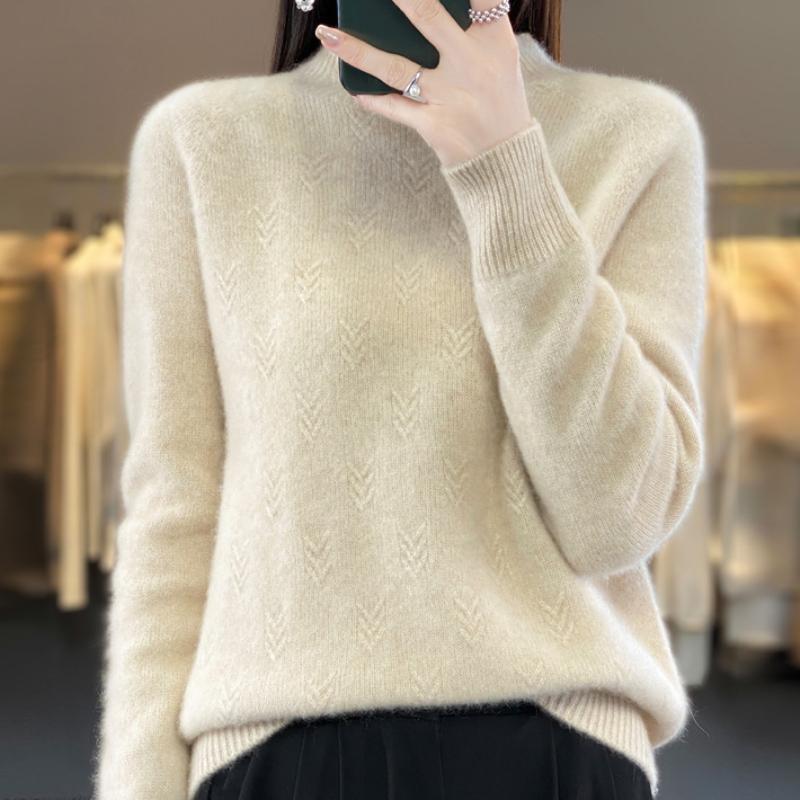 Half Turtleneck Jacquard Cardigan Autumn and Winter Loose and Versatile Cashmere Knitted Sweater Skin-friendly Warm Bottoming Shirt Top