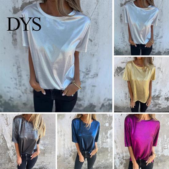 Loose Fit Tee Lady Summer Top Round Neck Short Sleeves Pullover Blouse Glossy Stretchy Women Shirt Surface Pure Color T-shirt for Daily Wear